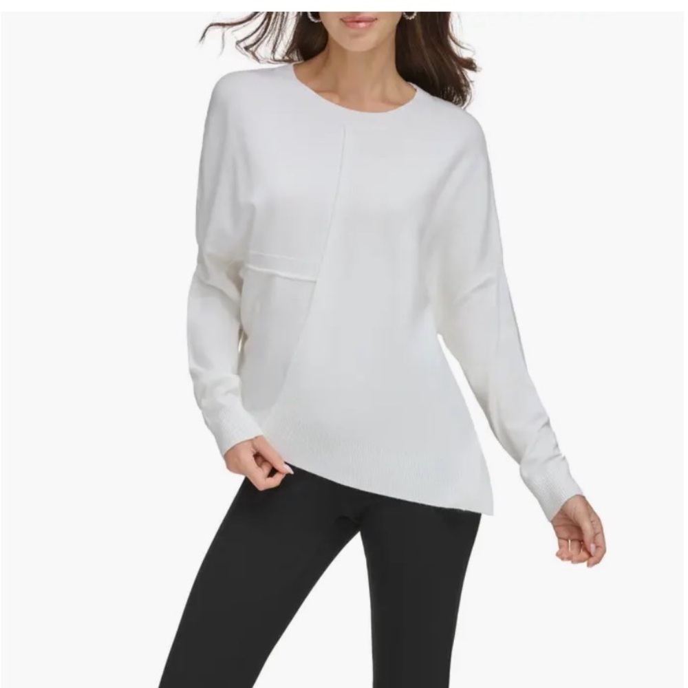DKNY Women's Mixed-Stitch Asymmetrical-Hem Crewneck Sweater size Large NEW